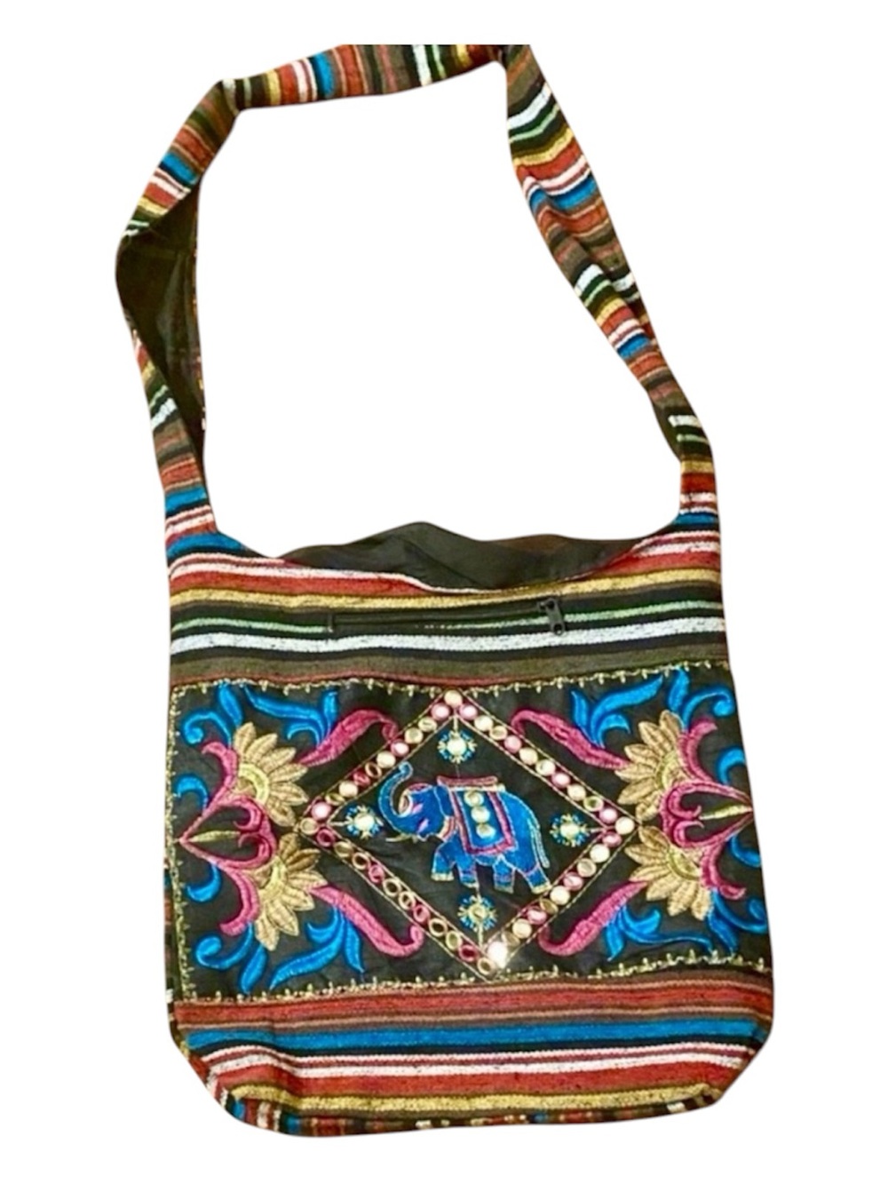 Boho Embroidered Elephant Crossbody Bag Mirror Work Striped Shoulder Purse